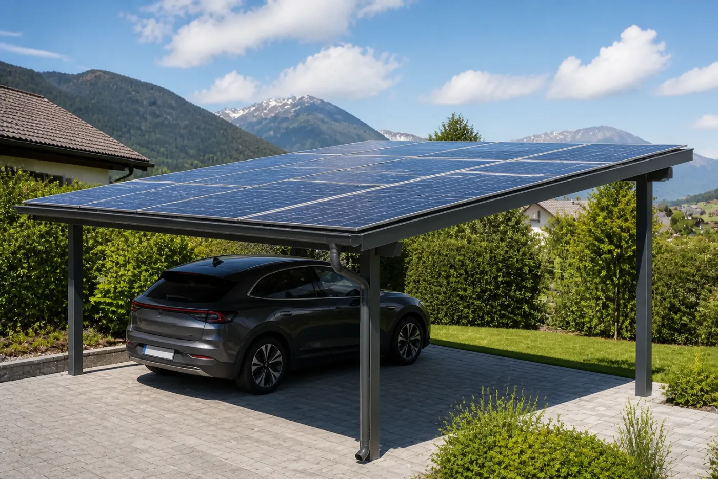 Freistehender Solarcarport mit dunkler Stahlkonstruktion und mehreren Parkplätzen in der Schweiz
