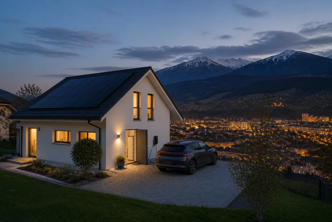 Schweizer Solardach in der Abenddämmerung mit sichtbarem Hausverbrauch