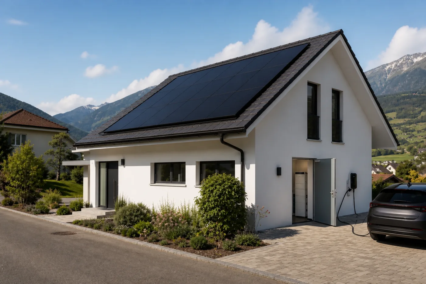Schweizer Haus mit Photovoltaikanlage und Stromzähler in einer sonnigen Landschaft