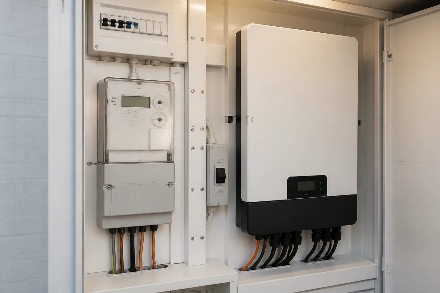 Digitaler Stromzähler und Wechselrichter einer Schweizer Photovoltaikanlage im Technikraum