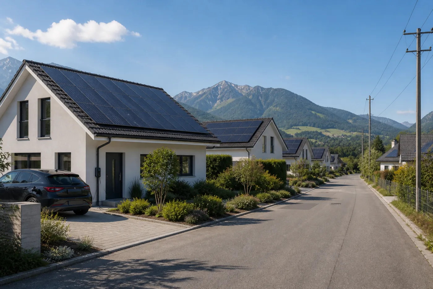 Photovoltaikanlage auf einem Schweizer Haus zur Mittagszeit mit heller Sonne und aktivem Haushalt