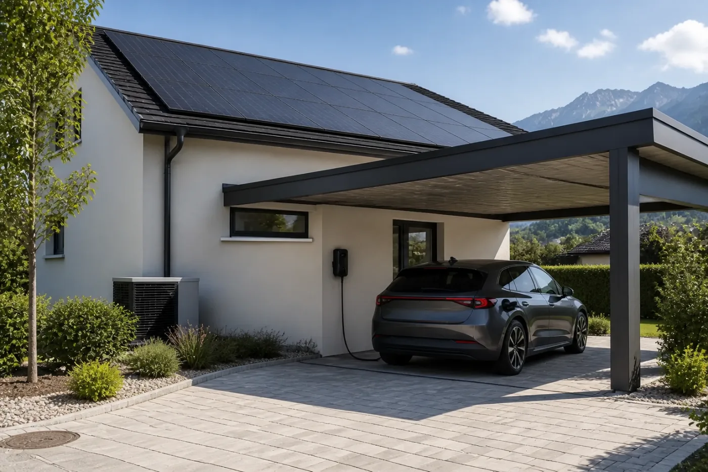 Elektroauto lädt an einer Wallbox neben einem Schweizer Haus mit Photovoltaikanlage