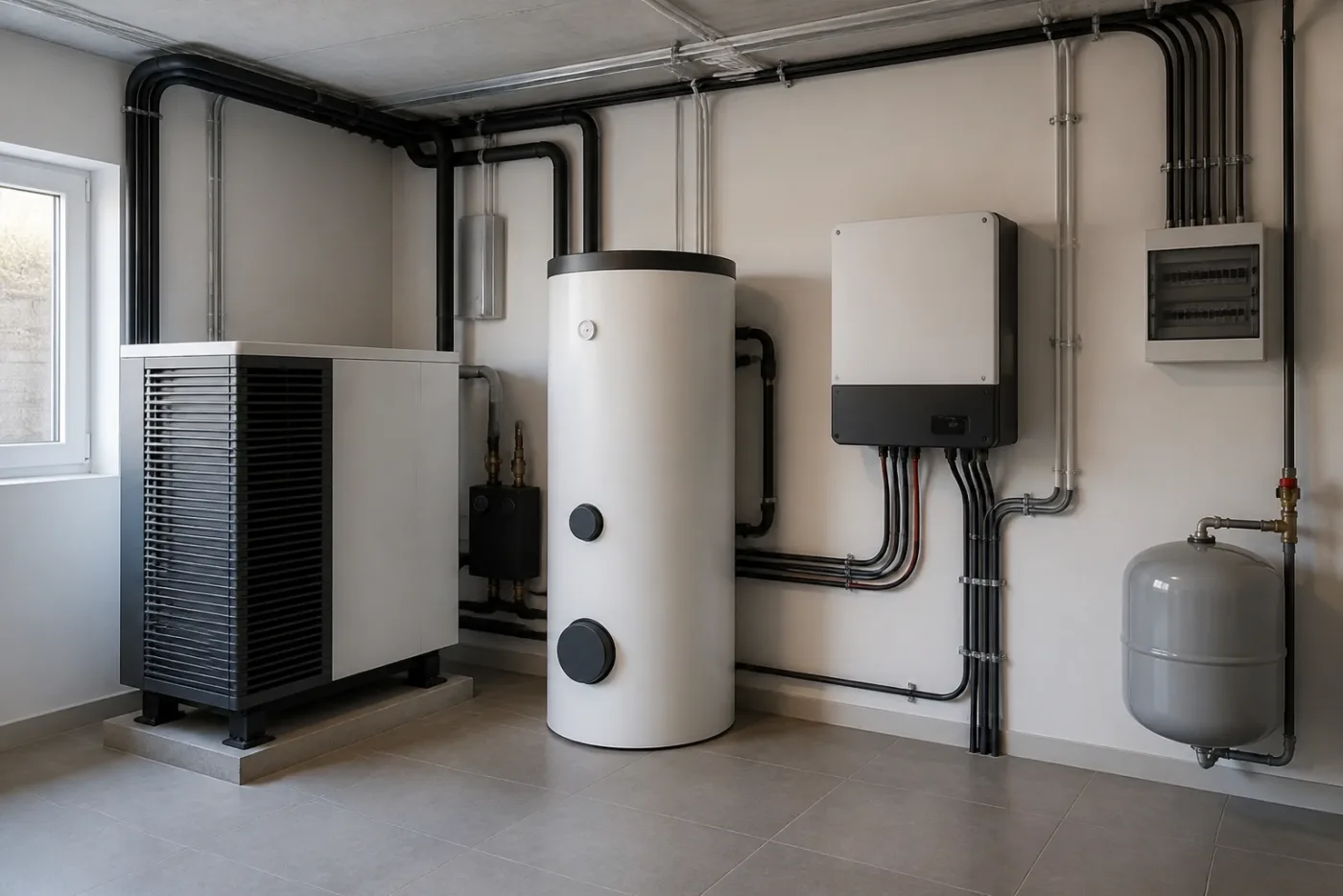 Luft-Wasser-Wärmepumpe und technische Haustechnik in einem hellen Schweizer Technikraum