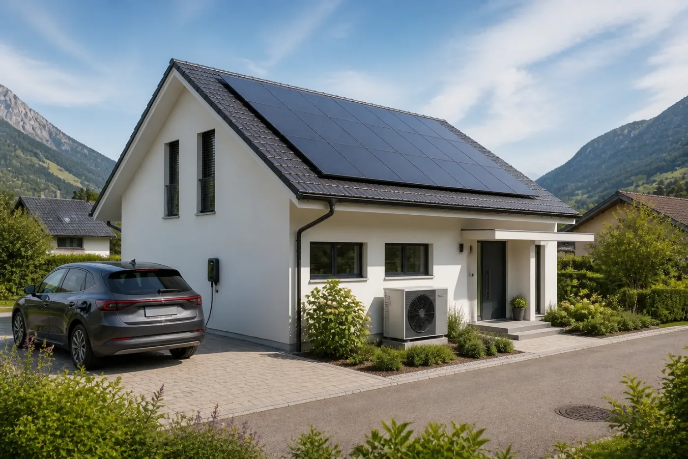 Modernes Schweizer Einfamilienhaus mit Solardach, Wärmepumpe und Elektroauto in der Einfahrt