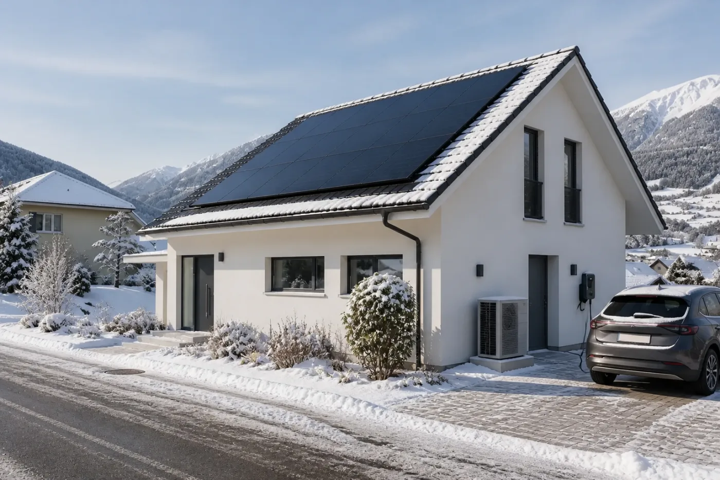 Elektroauto und Solardach vor einem Schweizer Haus in verschneiter Winterlandschaft