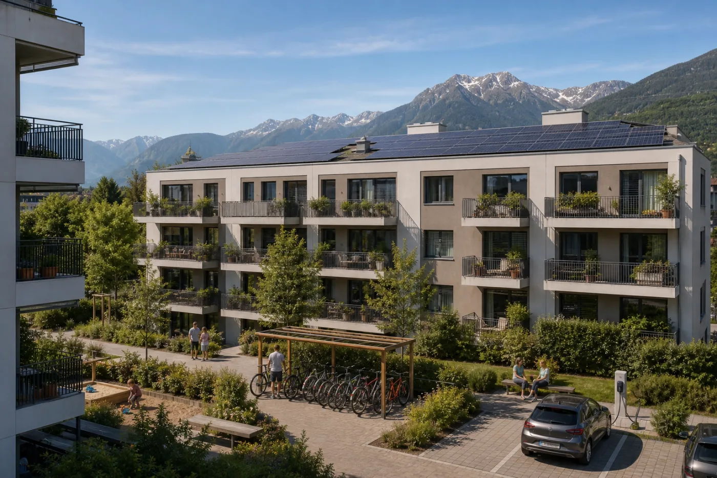 Gemeinschaftlicher Innenhof einer Schweizer Wohnanlage mit Solardächern im Hintergrund