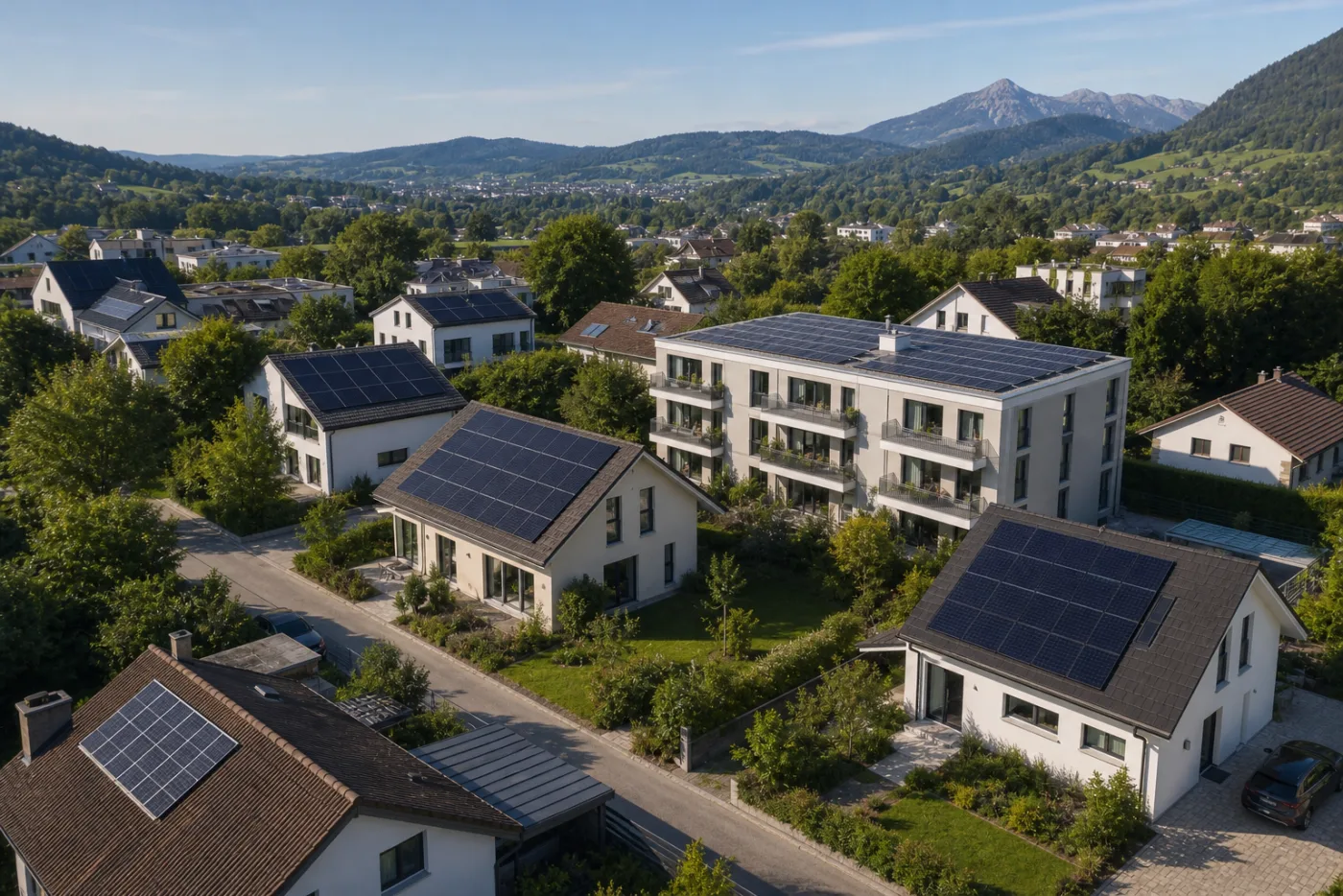 Schweizer Wohnquartier mit Solardächern und mehreren miteinander verbundenen Gebäuden
