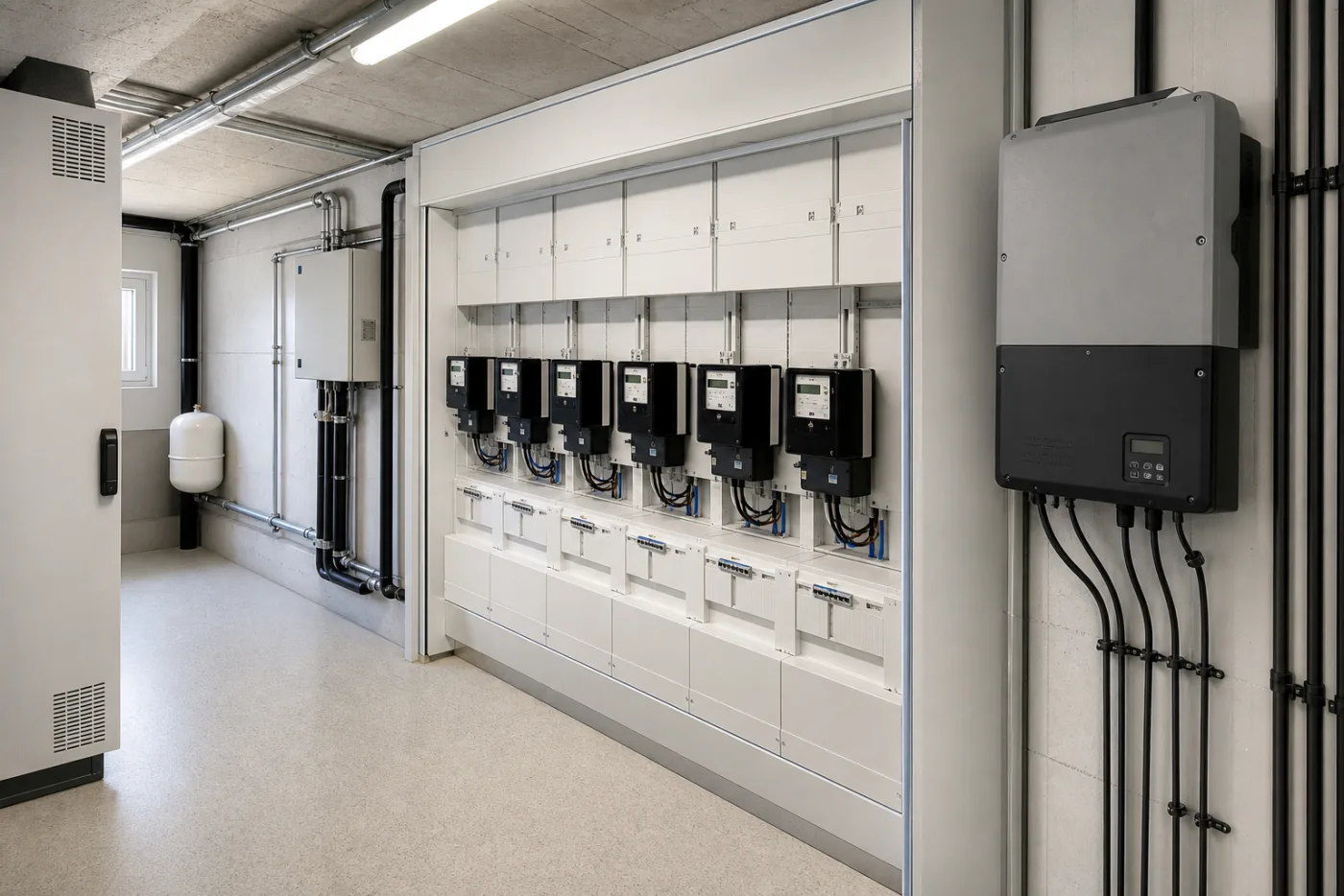 Reihe sauber installierter Stromzähler und Wechselrichter in einem gemeinsamen Technikraum