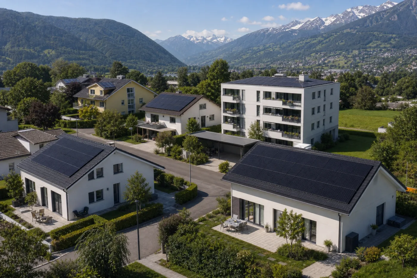 Mehrere benachbarte Schweizer Wohnhäuser mit Solaranlagen und gemeinsamer Strasseninfrastruktur